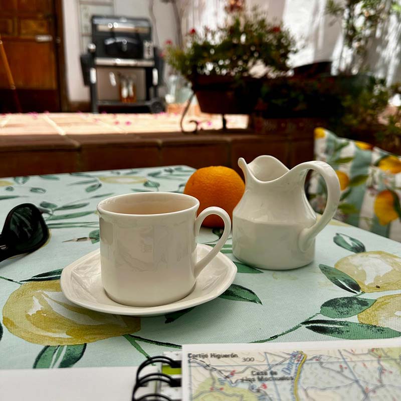Un café en el patio de CASABELLA, invitando a disfrutar del turismo lento.